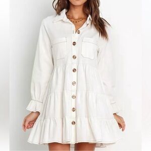 Petal & Pup Cream Button-Tiered Long Sleeve Shirt Dress